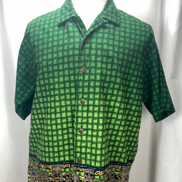 Tiki Hawaiian Button Up Basketweave Print Shirt - Picture 1 of 8